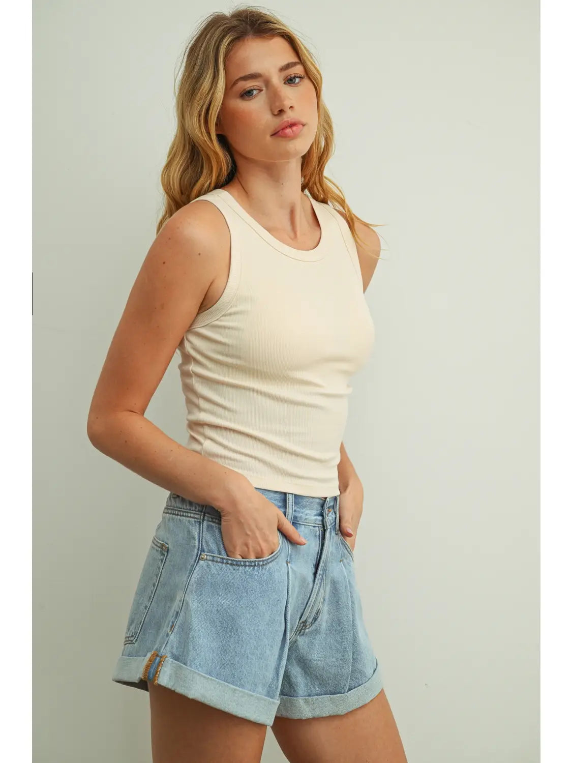 Ribbed Tank w/ Bra - Cream