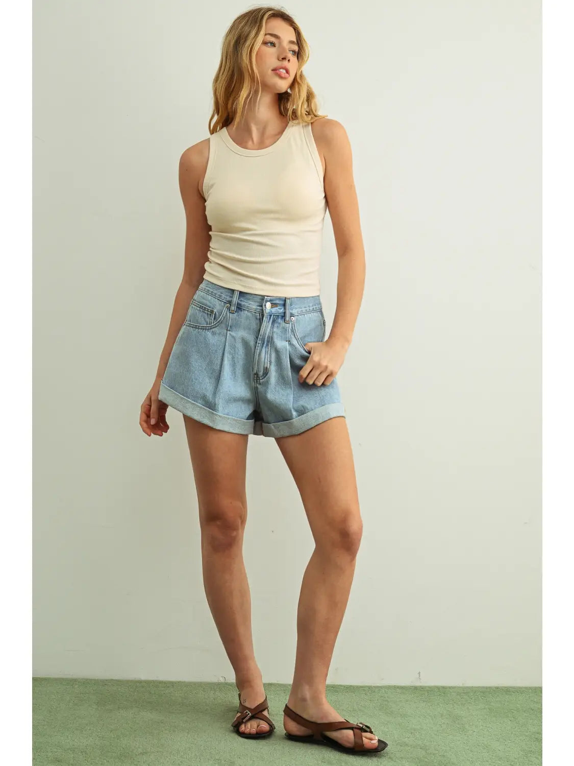 Ribbed Tank w/ Bra - Cream
