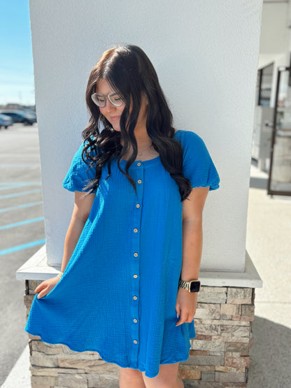 Buttoned Kiss Dress- Blue