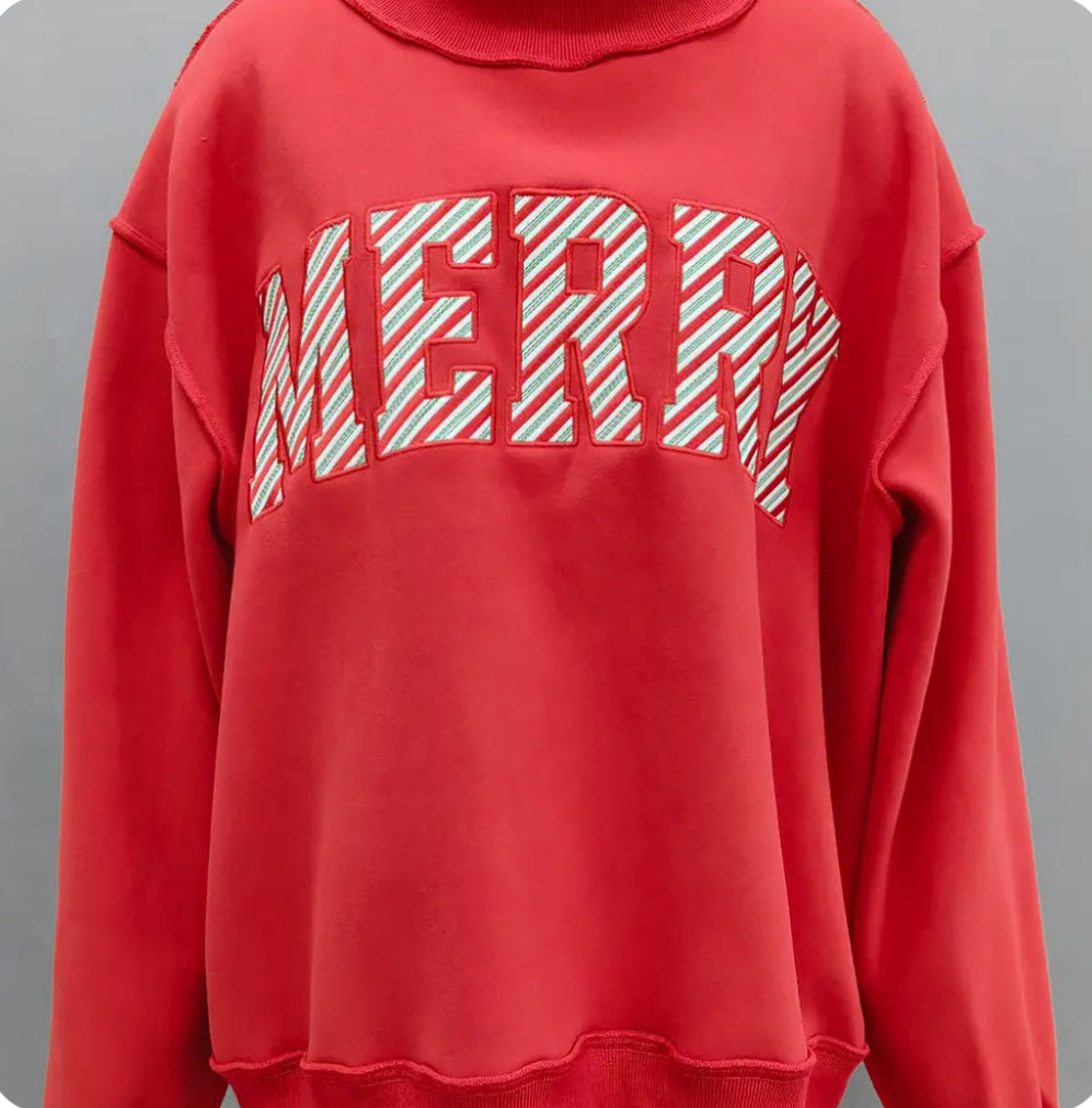 Striped Merry Embroidered Mockneck