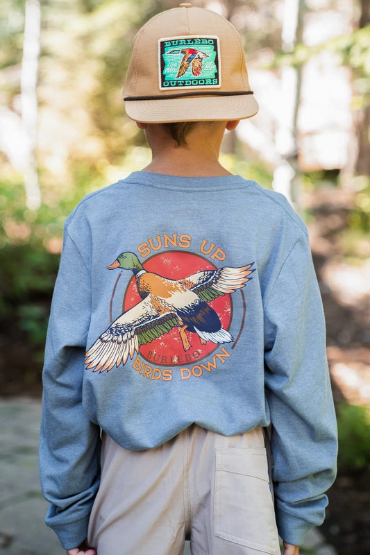 (y) Suns Up Birds Down LS Tee - heather blue jean