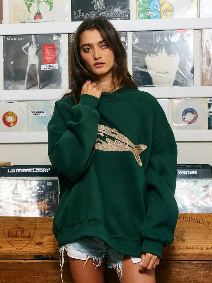 Fish-Embroidered Mock-Neck Sweatshirt - hunter green