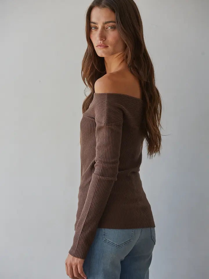 Asym Ribbed Off Shoulder Top Knit - brown