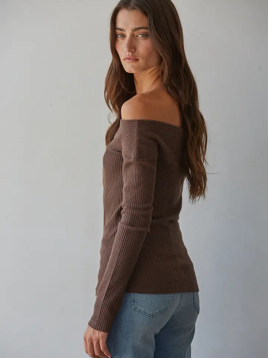 Asym Ribbed Off Shoulder Top Knit - brown