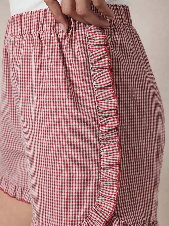 Ruffle Gingham Dolphin Shorts - red