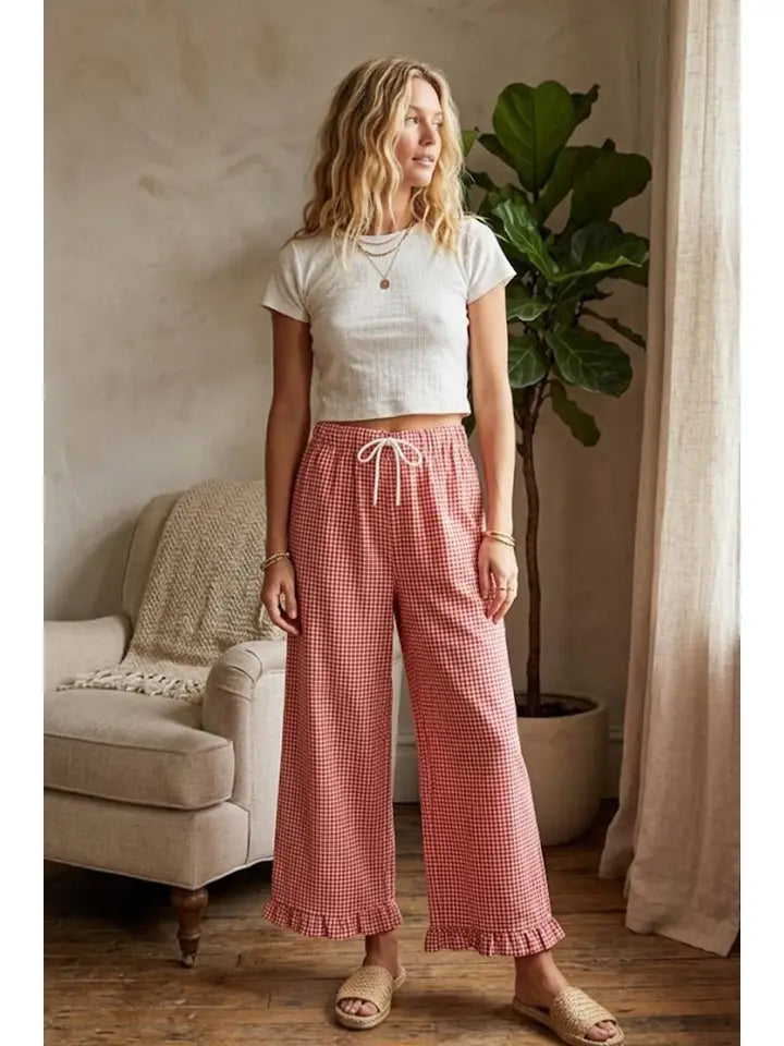 Checkered Gingham Fully Lined Pants - red
