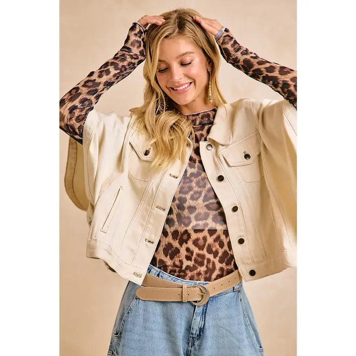 Ivory Oversized Cape Sleeve Cropped Denim Jacket