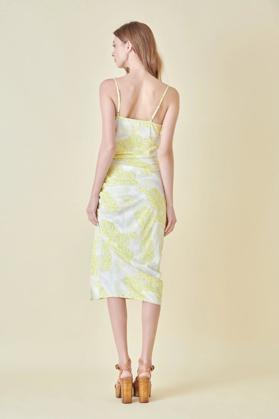 Floral Ruched Midi Dress - yellow
